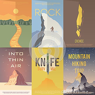 Flat vector advertising posters. Climbing, Hiking. Vector Illustration