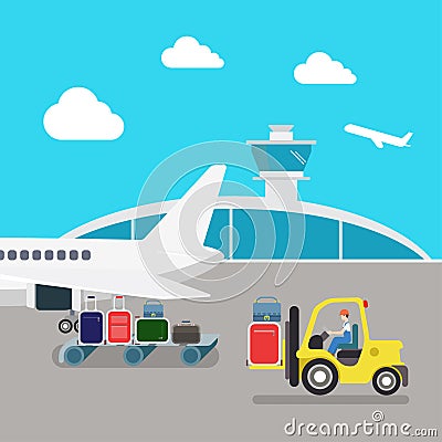 Flat vector airport: plane, luggage, loading, baggage Vector Illustration