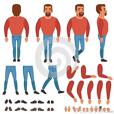 Flat vector of bearded man constructor for animation. Vector Illustration