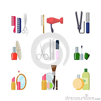 Flat vector beauty shop salon web app icons: makeup hair tools Vector Illustration