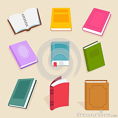 Flat vector books and reading documents. Open science textbook, encyclopedia and dictionary icons Vector Illustration