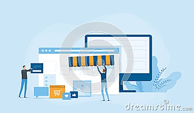 Flat vector business team working developer and designer team create an online store shop Vector Illustration