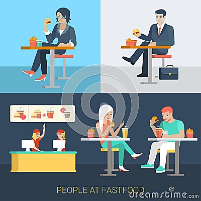 Flat vector businessman people eat in fastfood cafe Vector Illustration