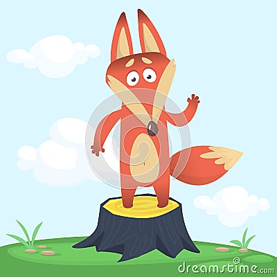 Flat vector cartoon illustration of a cute standing on stump red fox character with green meadow isolated. Vector Illustration