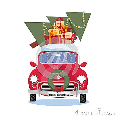 Flat vector cartoon illustration of retro car with gift boxes, snow and christmas tree on the roof on white background. Little Vector Illustration