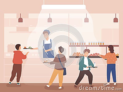 Flat vector cartoon illustration of school canteen with children. Pre teen pupils queuing, carry and hold trays with Vector Illustration