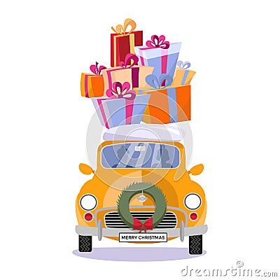 Flat vector cartoon illustration of small car with presents, gift boxes, snow on the roof. Little classic yellow car carrying gift Cartoon Illustration