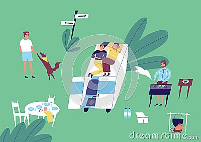 Flat vector cartoon illustration with young couple relaxing in nature. People at summer camping vacation cooking Vector Illustration
