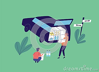 Flat vector cartoon illustration with young people unloading car. Couple near opened car trunk carry food product for Vector Illustration