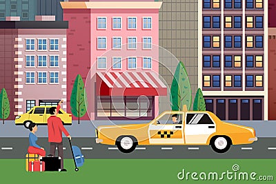 Flat vector cartoon style illustration urban landscape street Cartoon Illustration