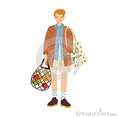 Flat vector cartoon textured illustration of man holding string bag with healthy vegetables. Trendy male character carry Vector Illustration