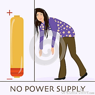 Flat vector character illustration. Tired woman, sleepy mood, weak, mental exhausted. Woman with low energy battery. Vector Illustration