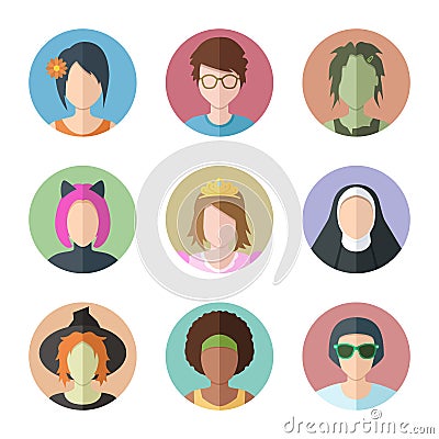 Flat vector characters. Set of female faces. Women avatar collection Vector Illustration