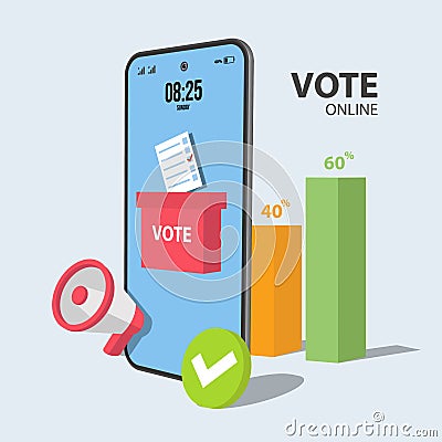 Flat vector concept voting online, selection internet system. Concept of online choices with box, bulletins, Set of Polling chart Vector Illustration