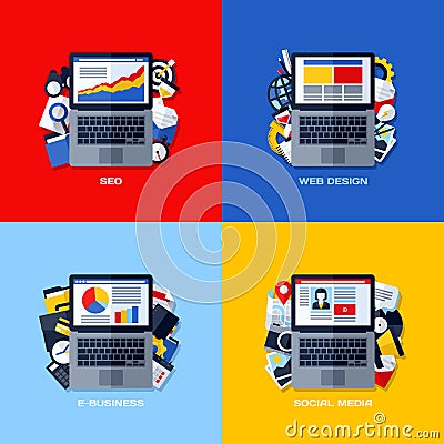 Flat vector concepts of SEO, web design, e-business, social media Vector Illustration