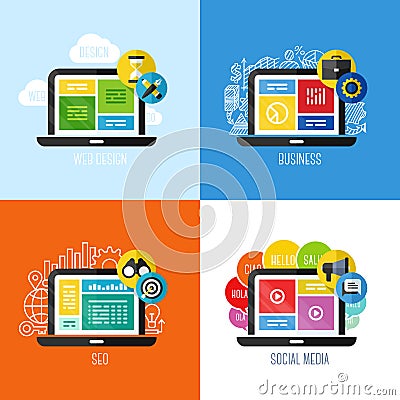 Flat vector concepts of web design, business, social media, SEO Vector Illustration