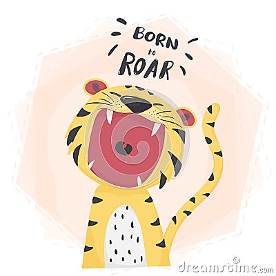 Flat vector cute tiger open mouth roar, born to roar Vector Illustration