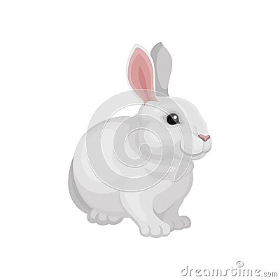 Flat vector design of adorable rabbit. Cute mammal animal. White bunny with long pink ears. Home pet Vector Illustration