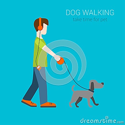 Flat vector dog walking boy in headphone Vector Illustration