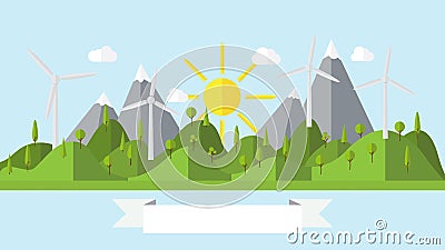 Flat vector ecology landscape island illustration with wind power plant Vector Illustration