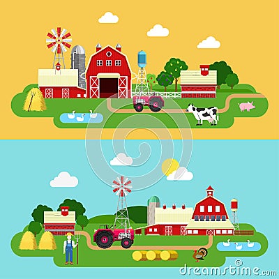 Flat vector farming agriculture banner: farm building, livestock Stock Photo