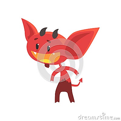 Flat vector of funny little devil with interested facial expression isolated on white. Comic fictional demon character Vector Illustration