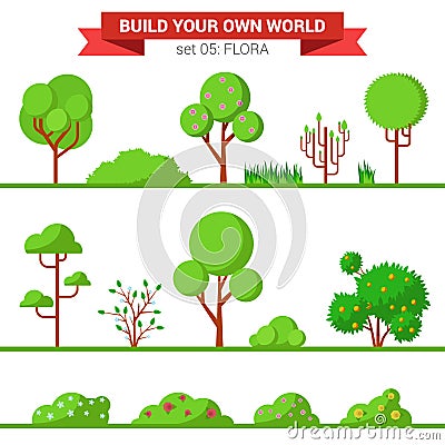 Flat vector green flora collection: plant, tree, bush, grass Vector Illustration