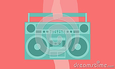 Flat vector of body of woman holding green boombox against coral background Vector Illustration