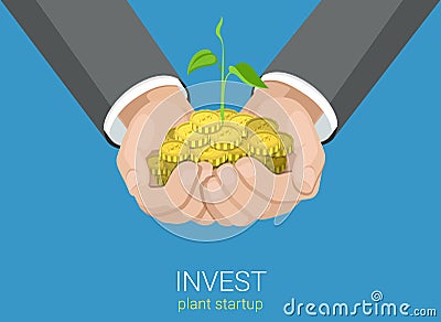 Flat vector grow business investment: growing hands coins money Vector Illustration