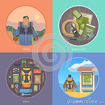 Flat vector hiking web illustrations. Vector Illustration