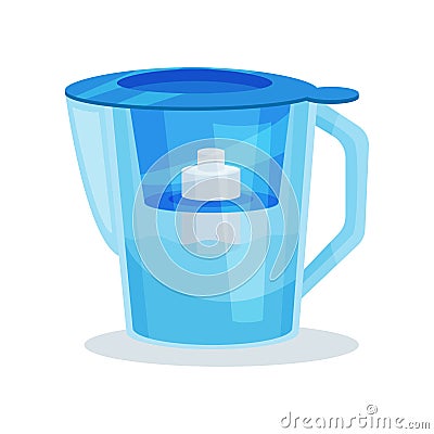 Flat vector icon of blue glass water pitcher with purifier cartridge and handle. Transparent filter jug. Kitchen utensil Vector Illustration