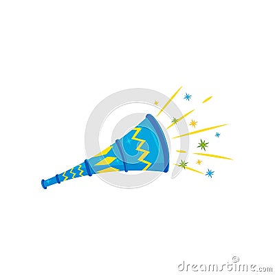 Flat vector icon of blue plastic toy horn. Festive trumpet. Brazilian vuvuzela. Carnival noise Vector Illustration