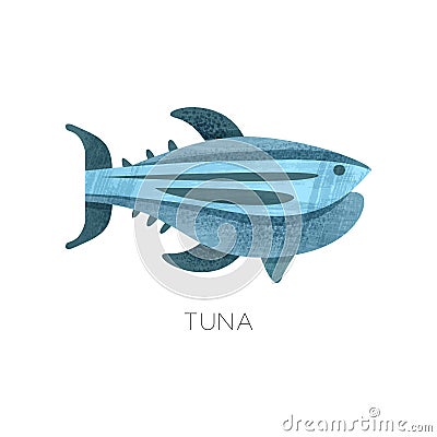 Flat vector icon of blue tuna fish with texture. Marine creature. Element for product packaging, advertising poster or Vector Illustration