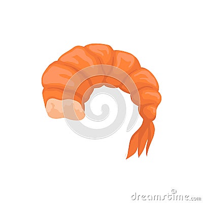Flat vector icon of boiled prawn without head. Shrimp with bright red shell. Delicious marine product Vector Illustration