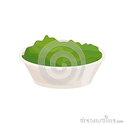 Flat vector icon of bowl with spirulina or chlorella powder. Healthy green mask made of seaweed Vector Illustration