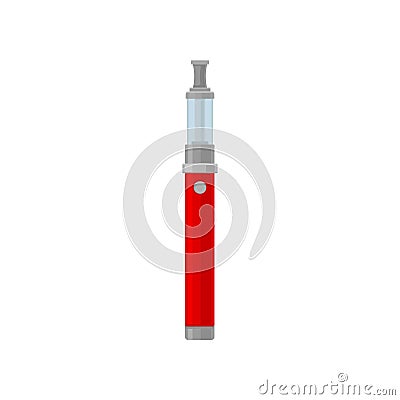Flat vector icon of bright red vape or electronic cigarette. Vaporizer with glass tank. Modern device for vaping Vector Illustration