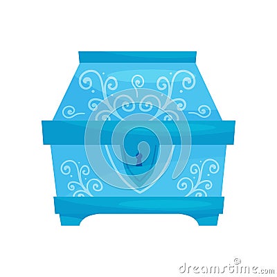 Flat vector icon of closed bright blue chest with ornaments. Small casket for jewelry. Storage box Vector Illustration