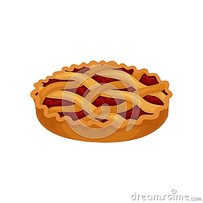 Flat vector icon of freshly baked pie with cherry filling. Sweet food. Delicious dessert. Element for promo poster of Vector Illustration