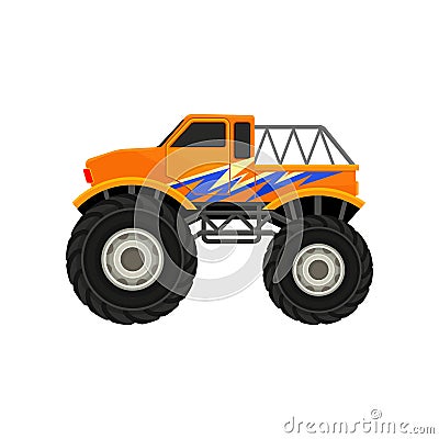 Flat vector icon of heavy monster truck. Orange pickup with large tires, black tinted windows and blue decal. Automobile Vector Illustration