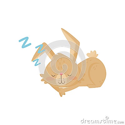 Flat vector icon of little sleeping bunny. Adorable brown rabbit with big ears and short tail Vector Illustration