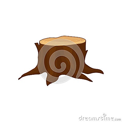 Flat vector icon of old brown tree stump with annual growth rings and big roots. Natural forest element Vector Illustration