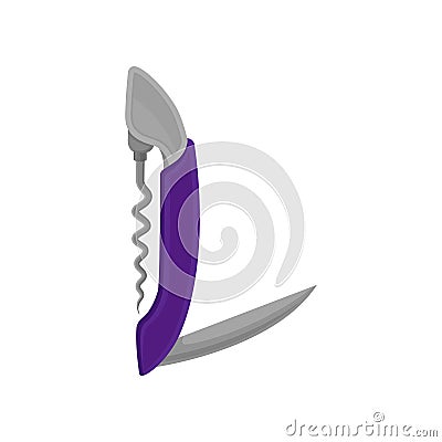 Flat vector icon of purple folding stainless steel bottle opener with knife. Corkscrew with spiral metal rod. Vector Illustration