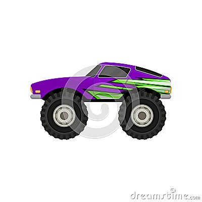 Flat vector icon of purple monster truck. Cartoon icon of car with large tires, black tinted windows and green decal Vector Illustration