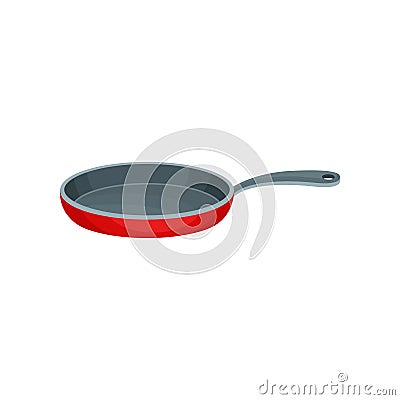 Flat vector icon of red metal frying pan with gray handle. Stainless container used for cooking food. Kitchenware theme Vector Illustration