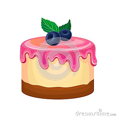 Flat vector icon of round cake with pink icing decorated with mint leaves and blueberries. Sweet confectionery product Vector Illustration