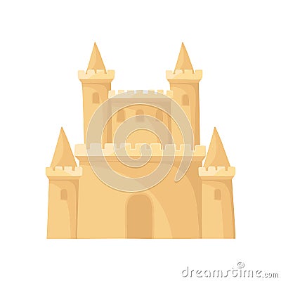 Flat vector icon of royal sand castle. Fortress with towers. Beach vacation. Element for children book or mobile game Vector Illustration