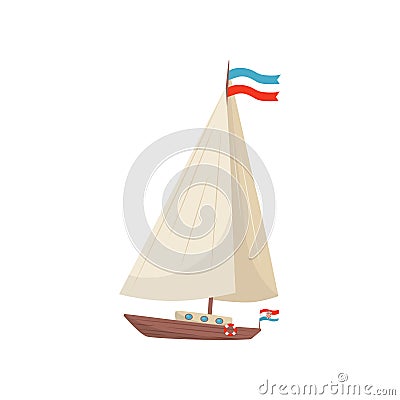 Flat vector icon of sailing yacht with flag of Croatia and lifebuoy. Marine vessel. Wooden boat with sail Vector Illustration