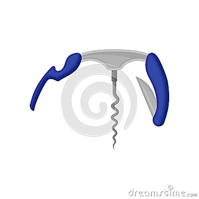 Flat vector icon of steel folding bottle opener with knife. Corkscrew with spiral metal rod. Tool for opening bottles Vector Illustration