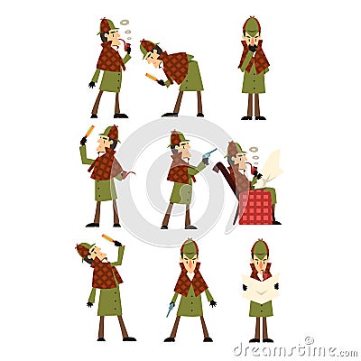 Flat vector icons of detective Sherlock in different actions thinking, reading newspaper, smoking pipe, looking into Vector Illustration