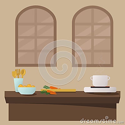 Flat vector illustration arabic kitchen interior brown walls color with the stove and vegatables and wooden table and luxury furni Vector Illustration